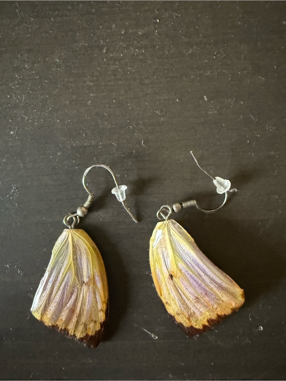 Yellow & Purple Iridescent Butterfly Wing Drop Earrings